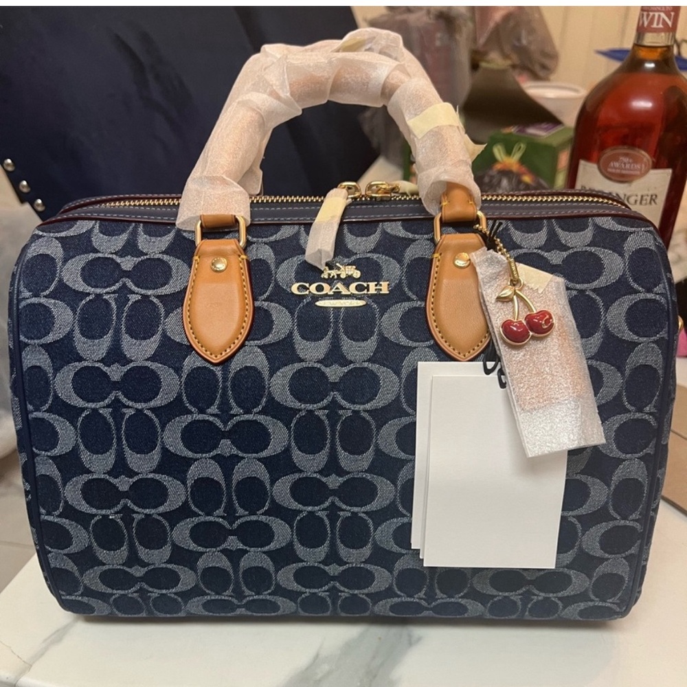 New Coach Denim Signature Rowan large Satchel Handbag with Cherry Charm